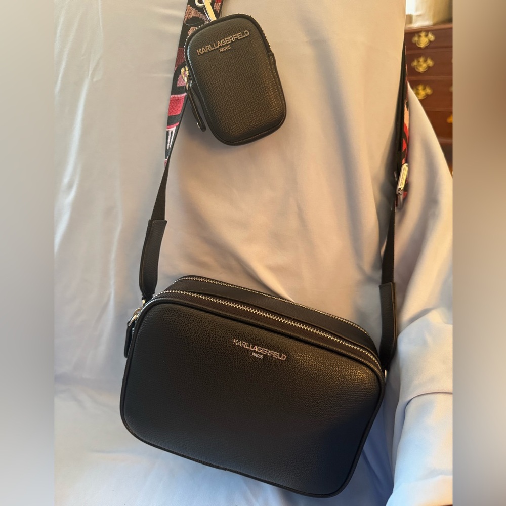 Karl Lagerfeld Black Crossbody with Patterned Strap